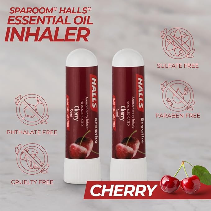 SpaRoom Halls Nausea Relief Nasal Stick – Breathe Cherry, 100% Pure Essential Oils, Aromatherapy Nasal Stick for Sinus Relief, Stress & Craving Management, Sweet Cherry Scent, 2-Pack, Non-Medicated