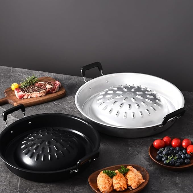 BESPORTBLE Thai Korean Bbq Grill Pan, Stainless Steel Barbecue Grill Tray Camping Bbq Pan Smokeless Roasting Pan Cooking Meat Vegetable Stovetop Plate for Outdoor 30cm