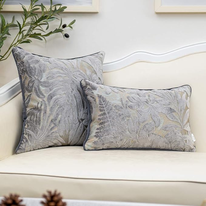 Alerfa 20 x 20 Inch Gray Silver Square Maple Leaf Pillow Embroidery Cut Velvet Cushion Case Luxury Modern Lumbar Throw Pillow Cover Decorative Pillow for Couch Sofa Living Room Bedroom Car