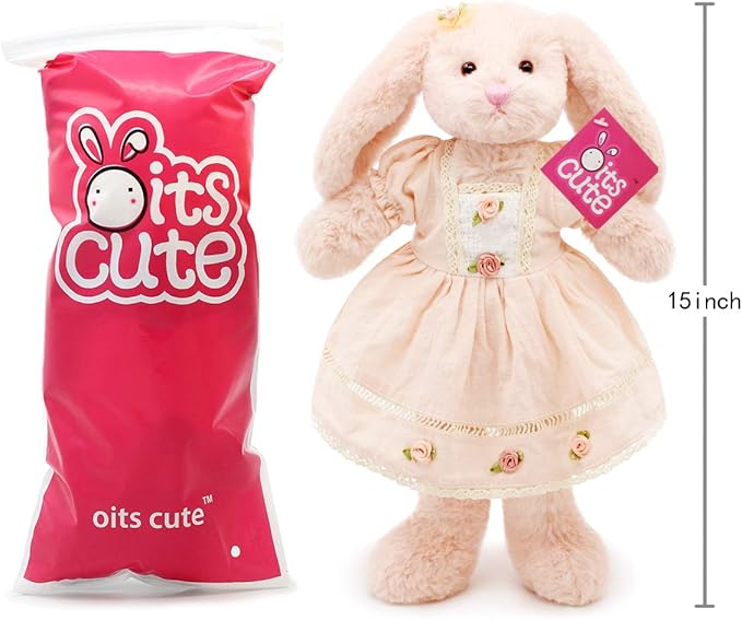 Small Soft Stuffed Animal Bunny Rabbit Plush Toy for Baby Girls 15inch (Pink Rabbit Wearing Pink Vintage Dress)