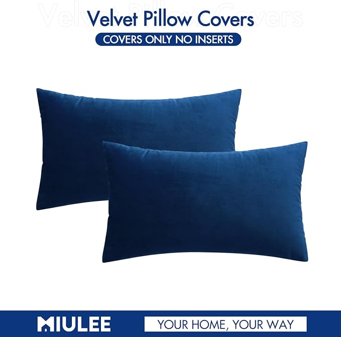 MIULEE 12x20 Inch Lumbar Velvet Throw Pillow Covers Dark Blue | Pack of 2 Soft Solid Decorative Pillow Covers, Modern Luxury Home Decor, for Chair Couch Sofa Bedroom Livingroom