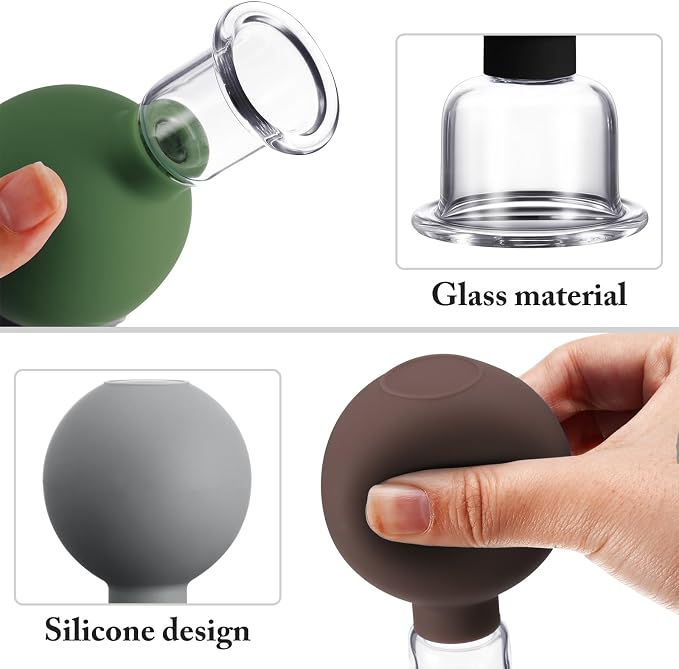 BBTO 4 Pcs Glass Facial Cupping Set Silicone Vacuum Suction Massage Cups Skin Tightening Therapy for Face Body Eyes Back Shoulder Pain(Minimalist)