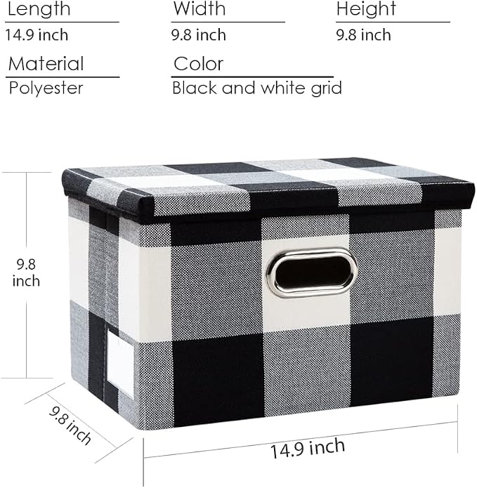 Collapsible Storage Bin with Lid [3-Pack] Fabric Foldable Storage Box Organizer Container Basket Cube with Cover for Home Bedroom Closet Office Nursery Black and White Grid(14.9x9.8x9.8)