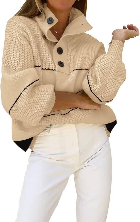 chouyatou Women's Slouchy Waffle Knit Sweater 1/2 Button Polo Collared Pullover Striped Sweater Tops