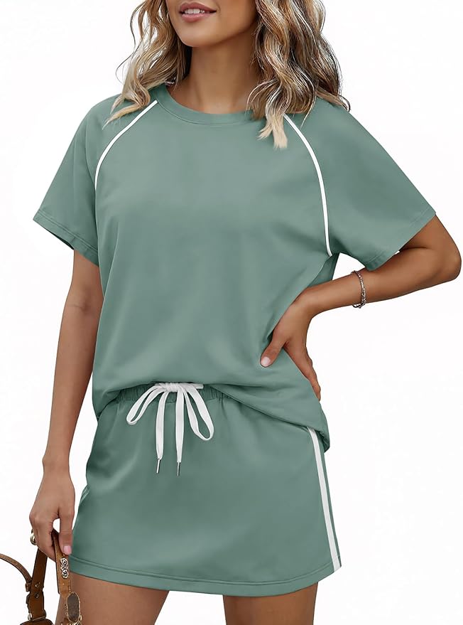 Womens 2 Piece Skirt Sets Summer Tennis Outfits Vacation Skort Set | Two Piece Sets, Short Set, Athletic Workout Golf Outfits, Crew Neck, Color Block, Drawstring, Workout Mathcing Lounge Sets