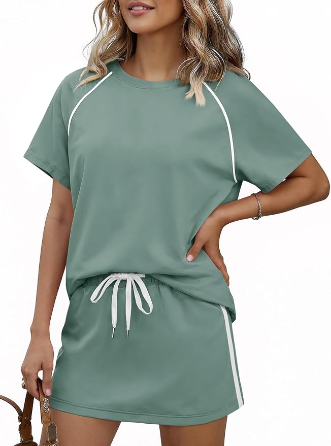 Womens 2 Piece Skirt Sets Summer Tennis Outfits Vacation Skort Set | Two Piece Sets, Short Set, Athletic Workout Golf Outfits, Crew Neck, Color Block, Drawstring, Workout Mathcing Lounge Sets