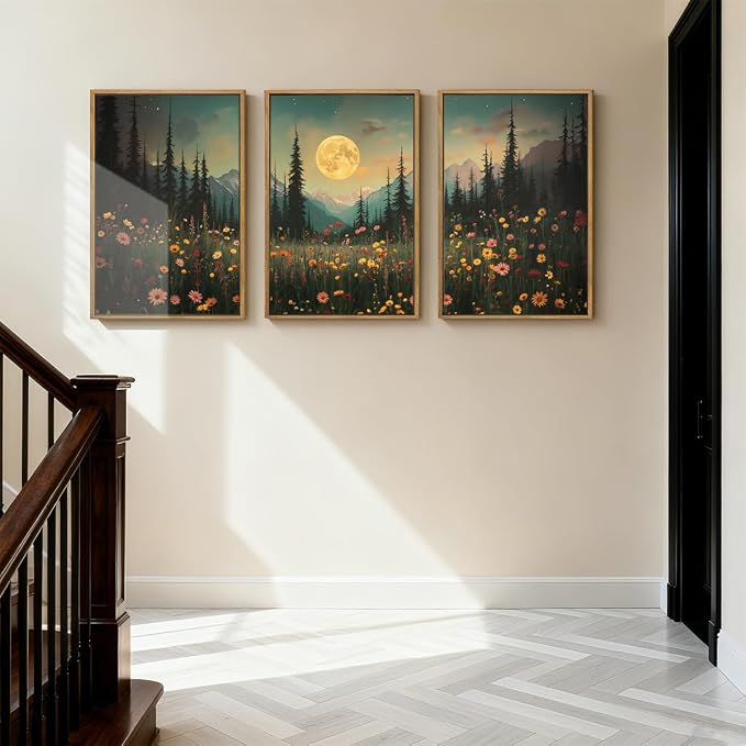 ANHUIB Moon Forest Wildflower Wall Art, Moonlit Pine Tree Wall Decor Dark Mountain Paintings Set of 3 for Living Room Bedroom Dining Room 16x24 Inch