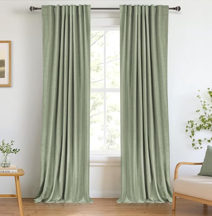 100% Blackout Shield Linen Blackout Curtains for Bedroom 90 Inches Long, Back Tab/Rod Pocket Living Room Drapes, Thermal Insulated Blackout Curtains 2 Panels Set, 50" W x 90" L, Sage