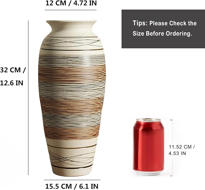 12.6" Tall Vintage Ceramic Rustic Farmhouse Vase (Half Stripe Brown) | Large Boho Textured Flower Vases for Home Decor, Living Room, Table, Mantel, Shelf