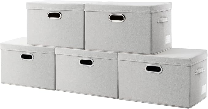 Collapsible Storage Bin with Lid [5-Pack] Fabric Foldable Storage Box Organizer Container Basket Cube with Cover for Home Bedroom Closet Office Beige(15.3x10x9.7)