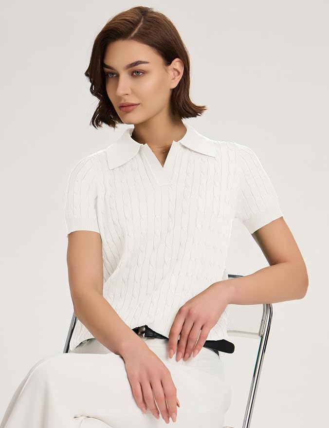 Micoson Womens Short Sleeve Sweater Tops Lapel V Neck Polo Shirts 2026 | Summer Cable Knit Loose Blouses, Business Casual Outfits