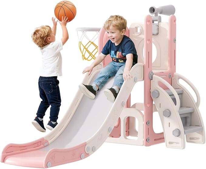 Babytronic Toddler Slide, 6 in 1 Kids Indoor Slide for Toddlers 1-3, Baby Indoor and Outdoor Climber Playset, Kids Slide with Basketball Hoop and Telescope, Toddler Outdoor Playground (Pink)