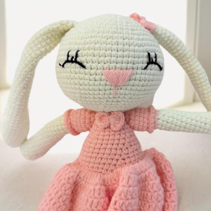 Knitted Stuffed Animal for Baby, Lop Eared Rabbit, Pink Dress Crochet Rabbit Baby Toys, Rattle Bunny Sleeping Toy for 3 4 5 Year Old Girl(10.6 Inches)