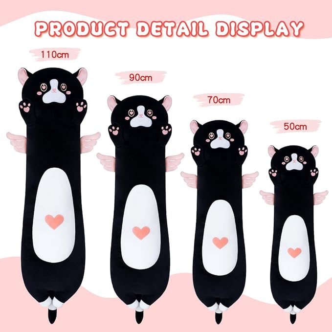 Long Cat Body Pillow for Kids, Cute Cat Stuffed Animals Gifts for Girls, Long Cat Plush Toy for Birthday, Soft Cat Plushies Pillow (AngelCat Pink, 43.3in/110cm)