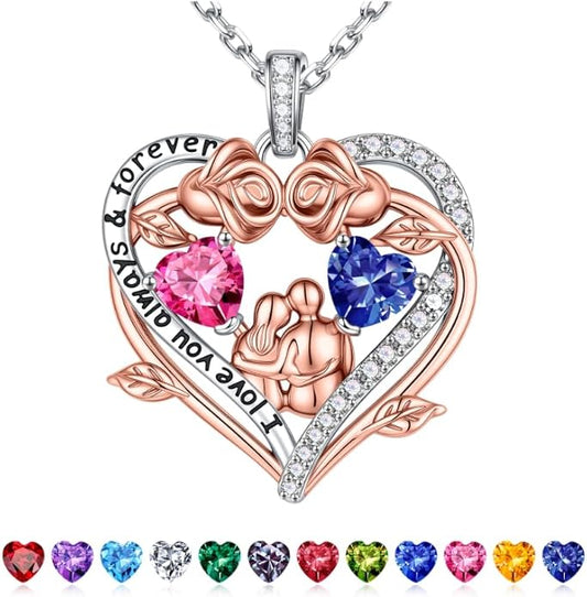 Iefil Valentines Gifts for Her Wife - 925 Sterling Silver Double Heart Birthstone Necklace, Anniversary Birthday Gifts for Women Wife Girlfriend