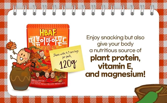 [HBAF] Korean Tteokbokki Seasoned Almonds Nut Protein Snack | Sweet & Spicy Korean Street Food | After-School, Work, Trip Camping Snack | Gochujang Rice Cake Paste | Korean Sovenior (Toppoki, 3 x 120gram pack)