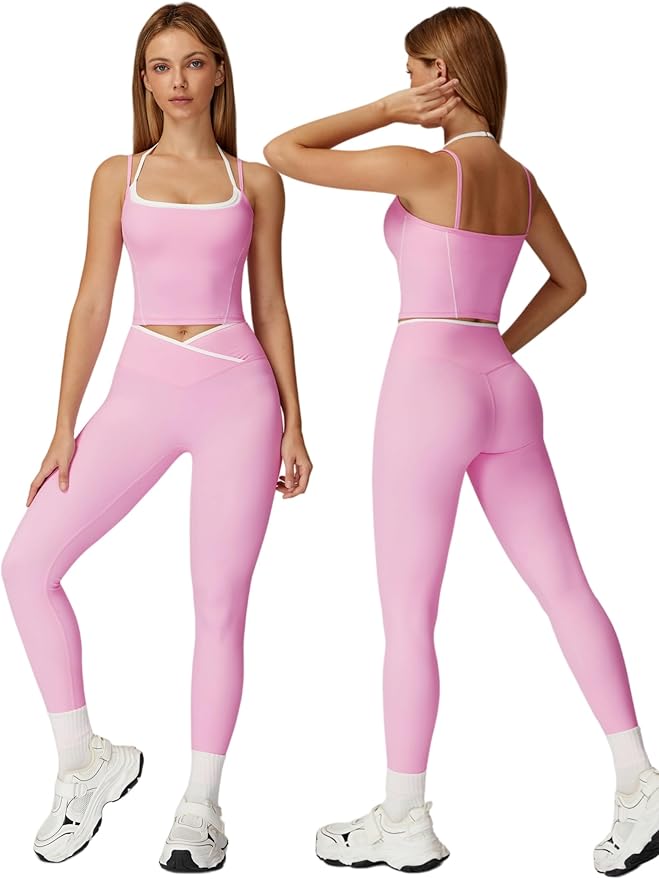 ABOCIW Workout Sets for Women 2 Piece Color Block Strappy Sports Bra High Waist Shorts Gym Yoga Pilates Outfits