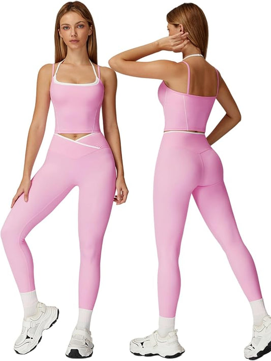 ABOCIW Workout Sets for Women 2 Piece Color Block Strappy Sports Bra High Waist Shorts Gym Yoga Pilates Outfits