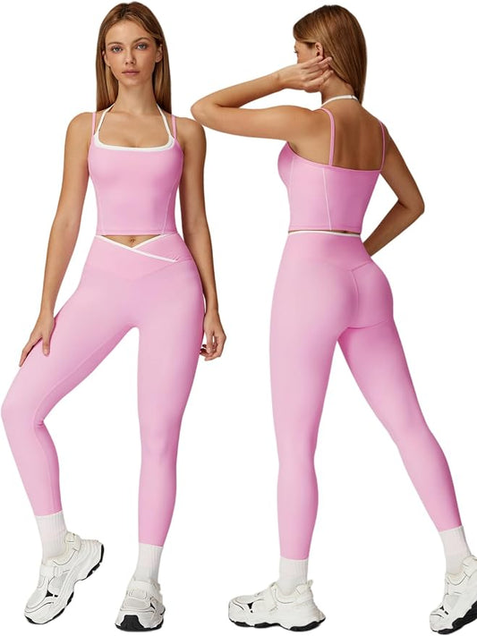 ABOCIW Workout Sets for Women 2 Piece Color Block Strappy Sports Bra High Waist Shorts Gym Yoga Pilates Outfits