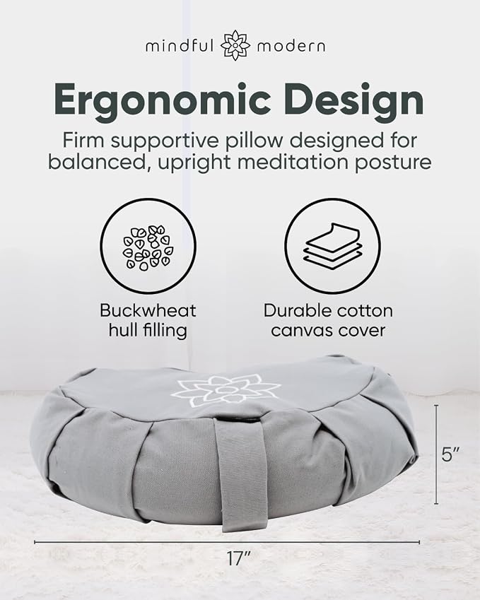 Mindful & Modern Large Meditation Cushion | Zafu Yoga Bolster Meditation Floor Pillow Seat | Buckwheat Hull Filled Crescent Shaped Cushion with Removable Washable Cover + Carry Handle | Grey