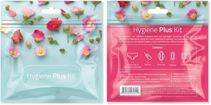 Hygiene Plus Period Kit with Disposable Underwear (Medium) – Menstrual Kit with Tampon, Pad & Pantyliner – Feminine Hygiene Kit for Girls, Teens & Women (Red Flowers)