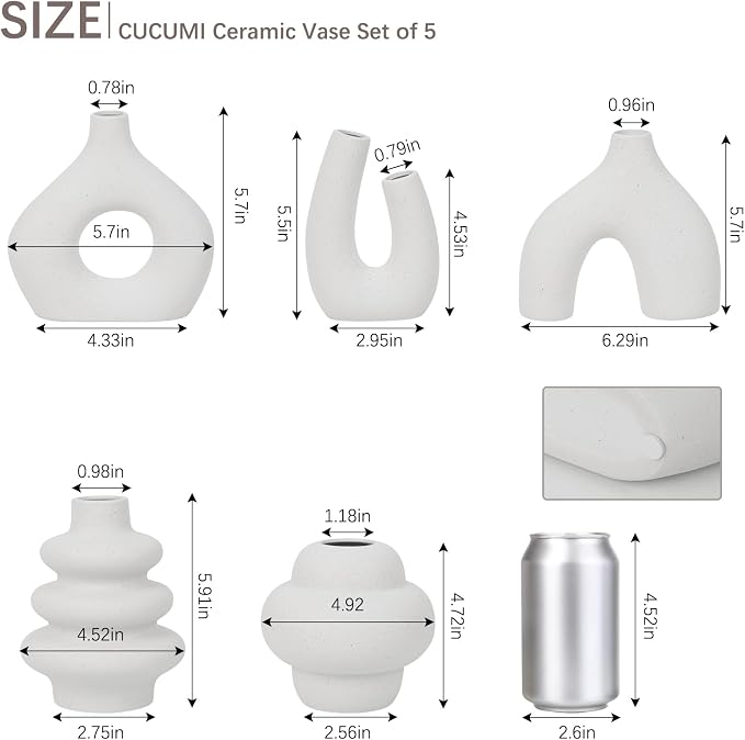 CUCUMI Ceramic Flower Vase Set of 5 Modern Boho Style Decorative Vases | Farmhouse Vases Home Decor, Matte Ceramic Decorations for Living Room, Bookshelf Mantle Entryway Table or Console Décor