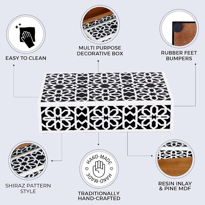 Handicrafts Home Small Decorative Storage Box with Lid, Black White Persian Tile Keepsake Box, Moorish Rosette Trinket Box for Jewelry, Desk Organizer & Coffee Table Decor, Shiraz 8 x 5 x 2