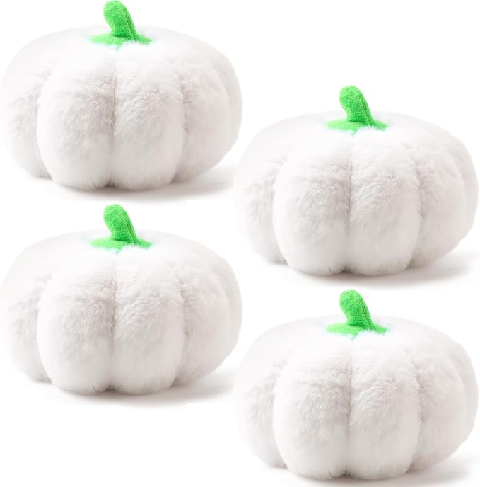 4 Pcs Pumpkin Pillows Fall Halloween Pumpkin Stuffed Animals Rabbit Hair Plush Toys Fluffy Thanksgiving Decor Throw Pillows Gifts for Kids for Home Bedroom Sofa Couch(White)