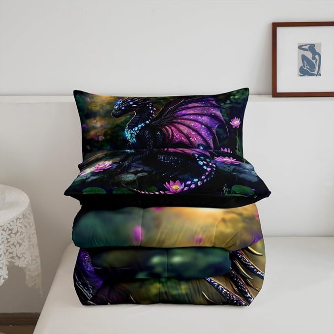 Feelyou Dragon Comforter Set Toddler Size Dragon Stuff Comforter for Boys Girls Teens Wild Life Bedding Set Lotus Flower Duvet Set Room Decor Green Purple Quilt Set
