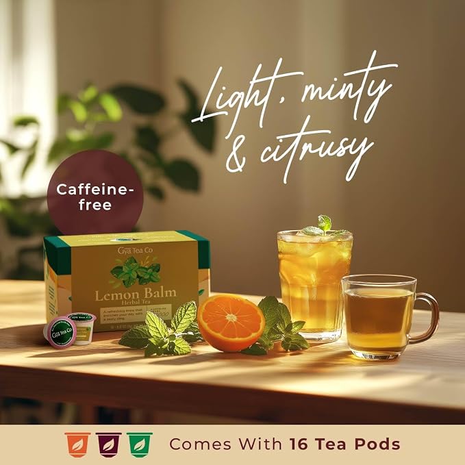 Gya Tea Co Lemon Balm Herbal Tea Pod (16 Count)- Decaf Wellness Tea for Body Comfort & Relaxing