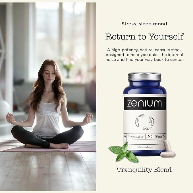 Zenium Stress Relief Supplement Supports Mood & Mental Focus - Feel Calm & Relaxed - Eases Tension & Nervousness - Ashwagandha, Magnesium & L-Theanine - Sarpagandha Inspired - 60 Capsules