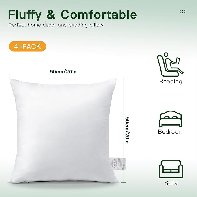 OTOSTAR Pack of 4 Throw Pillow Inserts, 20 x 20 Square Cushion Inner Soft Fluffy Plump Stuffer Cushion Pads White Decorative Pillow Inserts