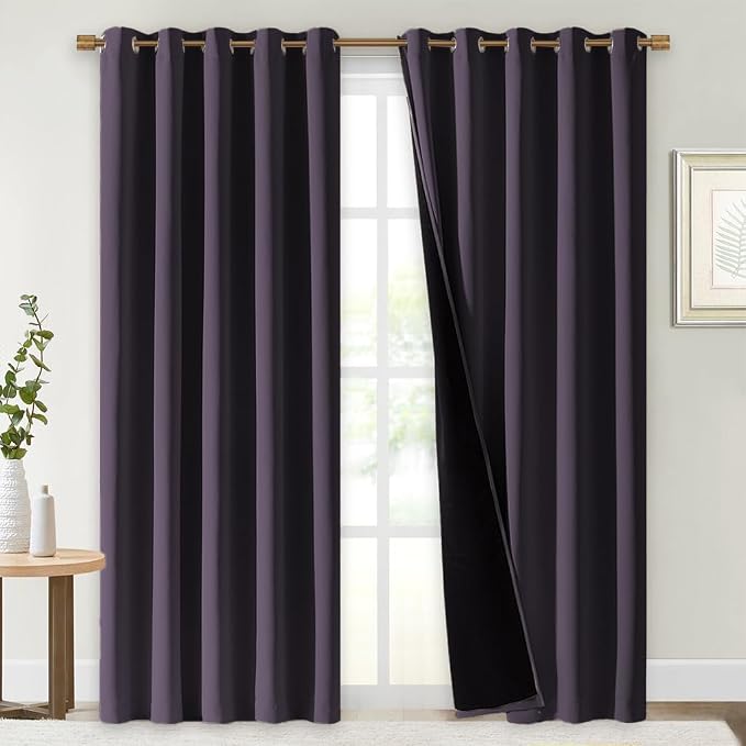 NICETOWN 100% Blackout Window Curtain Panels, Greyish Purple, 2 PCs, 62" Wide Each Panel, Cold and Full Light Blocking Drapes with Black Liner for Nursery, 84 inches Drop Thermal Insulated Draperies