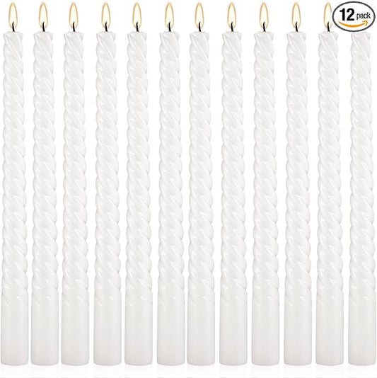 WPONSZU 10 Inch White Spiral Taper Candle Set of 12 Pack Unscented Dripless Candlesticks for Valentine's Day,Dinner,Party,Brithday,Wedding,Christmas,and Home Decoration