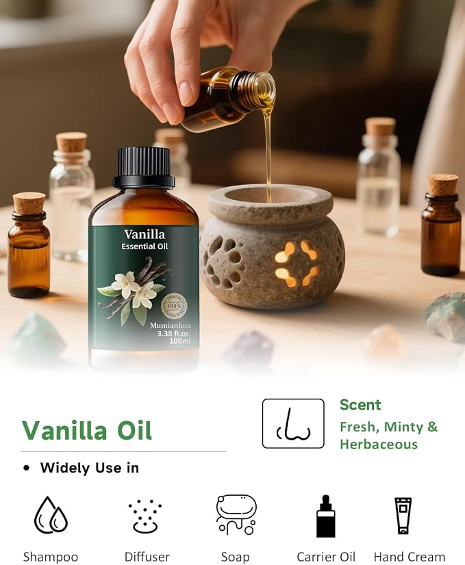 Vanilla Bean Essential Oil, for Diffuser, DIY & Skin Care, 3.38 Fl Oz | Mumianhua Vanilla Oil, Rich, Sweet, Creamy Aroma. For Perfume, Candle & Soap Making, Moisturizer & Diffusion