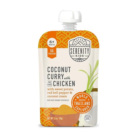 Serenity Kids 6+ Months World Explorers Baby Food Pouches Puree Made With Ethically Sourced Meats & Organic Veggies | 3.5 Ounce BPA-Free Pouch | Chicken Coconut Curry | 1 Count