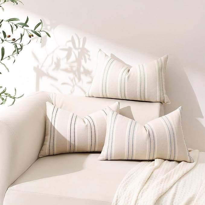 Hckot Striped Throw Pillow Covers 12x20 Set of 2 Lake Blue Pillow Covers | Farmhouse Decorative Pillows Textured Linen Square Cushion Covers for Sofa Couch Bed Living Room Decor(Lake Blue)