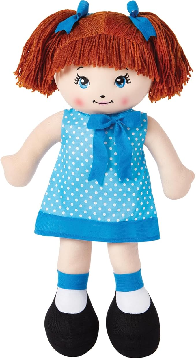 LOVE & HUG 17" Huggable Soft Doll | Stuffed Plush Doll with Blue Dress and Soft Yarn Hair | Baby Doll Toy for Kids and Toddlers to Love and Hug