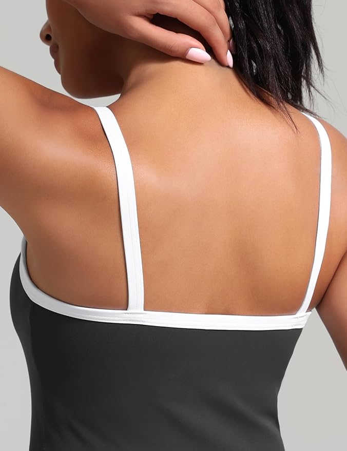 HeyNuts Vintage Color-Block Strappy Crop Tank Top for Womens, Cute Contrasting Trim Yoga Longline Sports Bras Padded A-D Cups