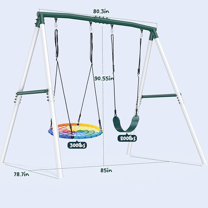 Hapfan 7.5ft Tall Swing Sets for Backyard, 500lbs Heavy Duty Metal Swing Set for Kids and Adults with Spider Swing and Belt Swing, A-Frame Outdoor Swingset Play Equipment (Green and White)
