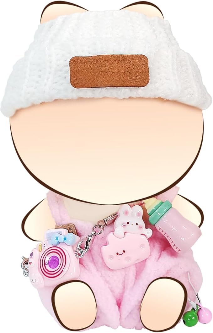 Doll Clothes for 17cm Dolls, Soft Knit Hat, Cozy Overalls, Camera, Bottle & Cute Accessories (No Doll) (Pink)