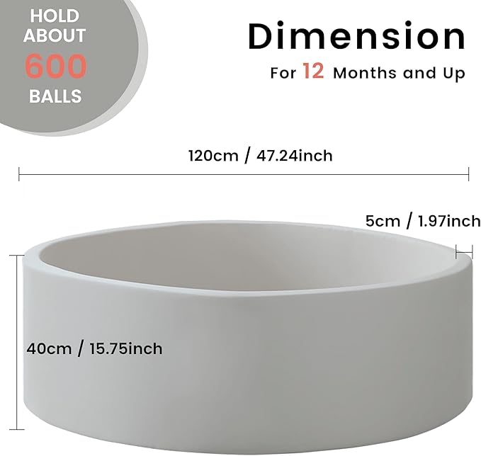 Ball Pit for Toddlers 47.24''x15.75'' Baby Ball Pit Soft Foam Ball Pits Round Lagre Kids Ball Pits Indoor and Outdoor Game Kids Play Ball Pool Ideal Gift for Children (Grey, NO Balls)
