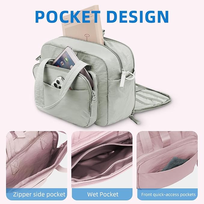 mini gym bag for women, travel duffel bag with wet pockets and Shoe Compartment,Lightweight carry on weekender duffel, water resistant,for sports,yoga,dance,green