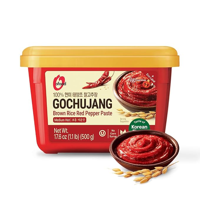 Gochujang – Premium Korean Red Chili Paste [ Medium | 1.1 lb (500g) ] – 0 Fat/ 0 Cholesterol / (40 Calories/Serving) | Spicy & Sweet Savory Fermented Sauce | Great for Bibimbap, Marinades, Stews & BBQ - O’food