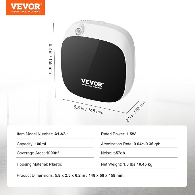 VEVOR Scent Air Machine for Home, 100ML Smart Essential Oil Diffuser with Cold Air Tech, Waterless Scent Air Diffuser with USB & Battery Powered, Cover Up to 1000 Sq.Ft for Living Room, Bath Room, Spa