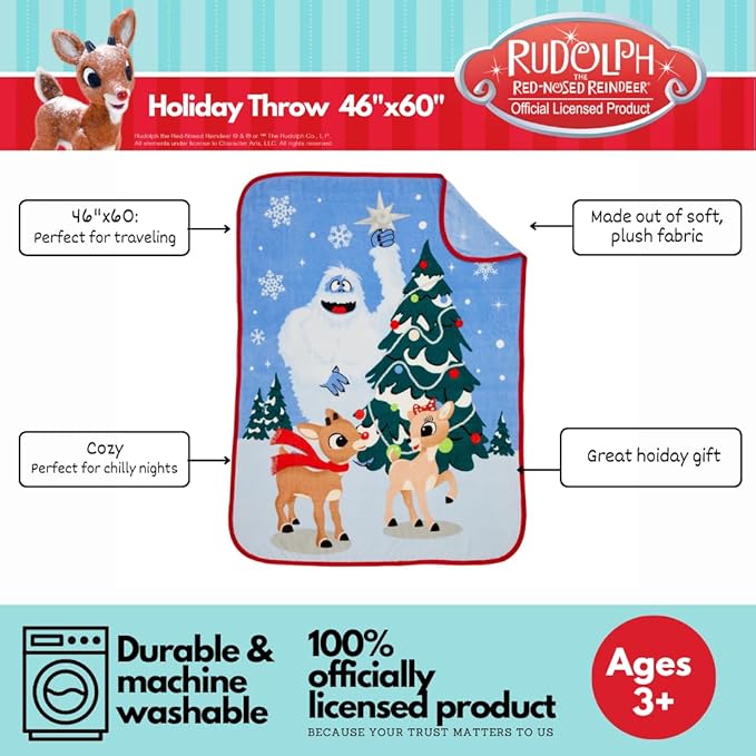 Rudolph The Red Nose Reindeer Kids Holiday Christmas Bedding Super Plush Cozy Throw, 46 in x 60 in, (Officially Licensed Product) By Franco