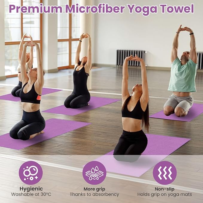 flintronic Yoga Towel, Yoga Mat Towel with Grip Dots, Microfiber Yoga Blanket Towels, Soft & Breathable, with Quick Dry Towels and Mesh Carry Bag, for Bikram, Pilates and Workout, 24" x72", Purple