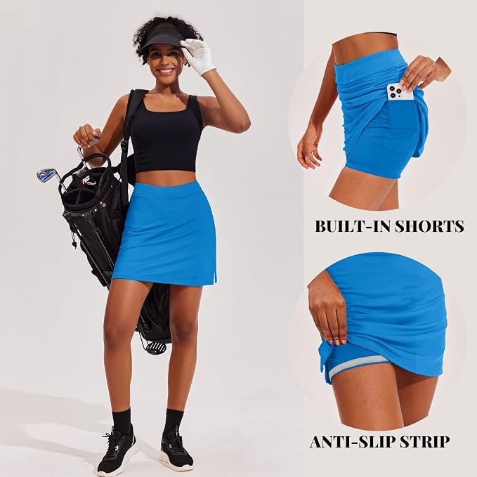 Ekouaer 16" Skorts for Women with Pockets Golf Pickleball Tennis Skirt | Silicone Grippers,2 Inner Pockets,Wide Waist,Side Slit Hem,Breathable,Soft,Lightweight