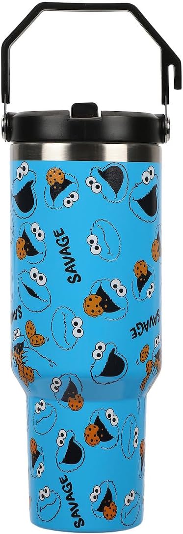 Bioworld Sesame Street Cookie Monster AOP 40 Oz. Vacuum Sealed Stainless Steel Tumbler With Carry Handle