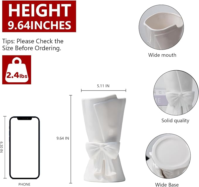 Relexome Fully Glazed White Ceramic Bow Vase 9.64 in Unique Cute Modern Decorative Bouquet Flower Vases for Home Living Room Table Summer Decor Women Gifts